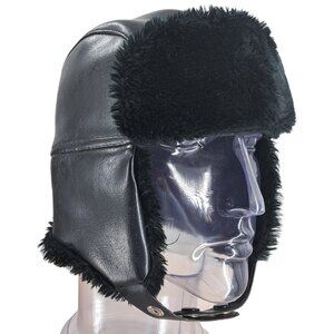 Vintage YA Headwear Trapper Black Faux Leather Winter Hat Size M Ear Flaps Moto